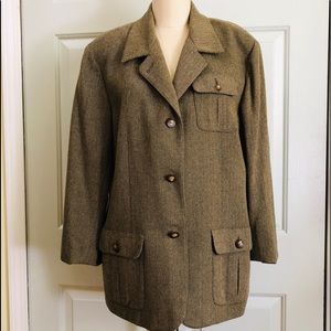 Vintage Y2K Lizsport Petite Wool Pockets Khaki Green Jacket Blazer Size 14